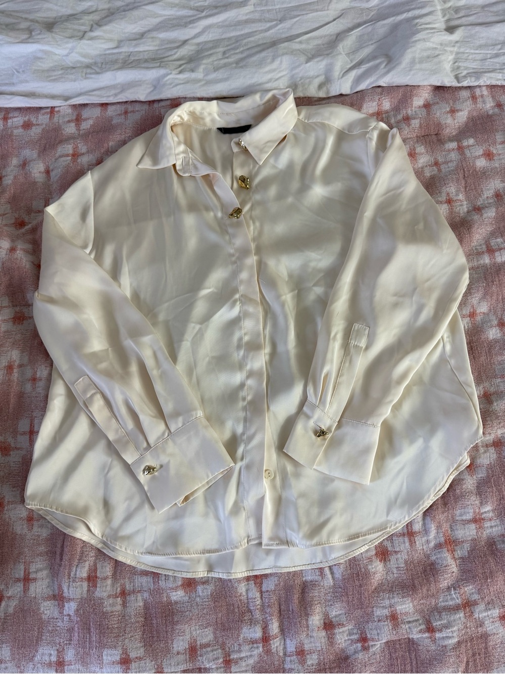 Zara Ivory Satin-Look Button Down Shirt with Gold Buttons